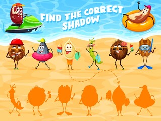 Find correct shadow, funny nuts on summer vacation, vector match game puzzle. Kids logic game worksheet to find correct shadow or similar silhouette cartoon peanut and walnut on summer sea beach