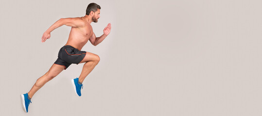 Man running and jumping, banner with copy space. sportsman man runner run to success or jump high...