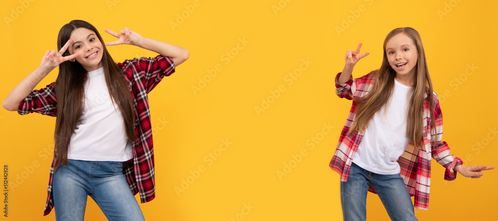 Poster girl friends. happy teen girls in casual shirt having fun showing peace gesture on yellow background