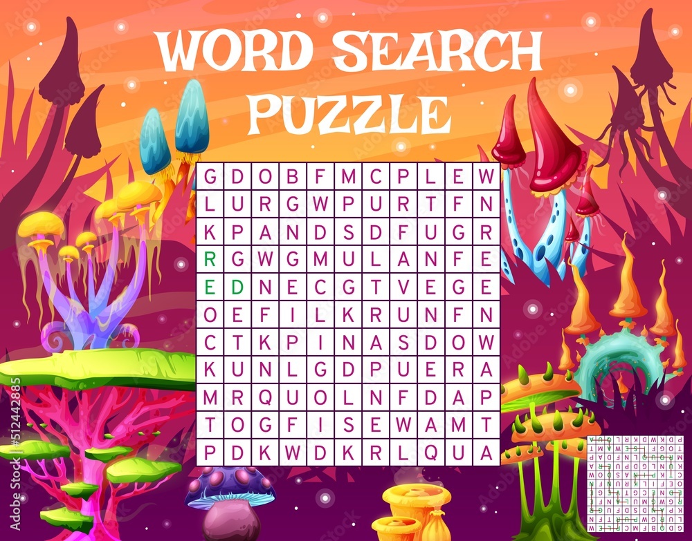 Aufkleber Magic fairytale mushrooms on alien planet. Word search puzzle game worksheet. Vocabulary puzzle, or quiz vector page, children text playing activity with words finding task and vibrant alien mushrooms