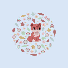 Cartoon fox with round frame from flowers, leaves, berries. Light blue background. Vector illustration.