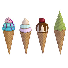 Ice cream waffle cone set. Sweat summer dessert fast food. Cartoon vector illustration