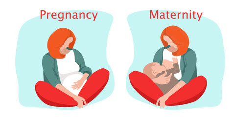 he concept of pregnancy and motherhood. Young pregnant woman sitting in the lotus position. Young mother breastfeeds baby