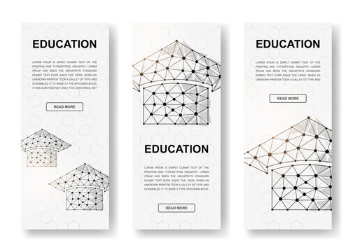 Set of three Graduation cap polygonal vertical banners. 3d E-learning low poly symbols with connected dots. Vertical illustration for homepage design.