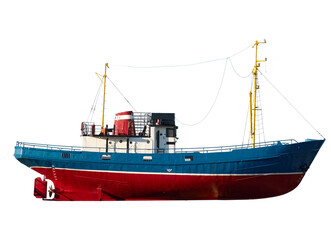 Old red blue museum fishing boat isolated on white background. Ventspils, Latvia. Copy space....