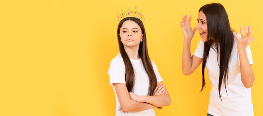 Mother and daughter child banner, copy space, isolated background. mother raise naughty daughter....