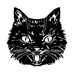 Angry black cat face. Hissing cat halloween vector illustration. Realistic ink sketch of witch familiar animal. Clipart for decor isolated on white.