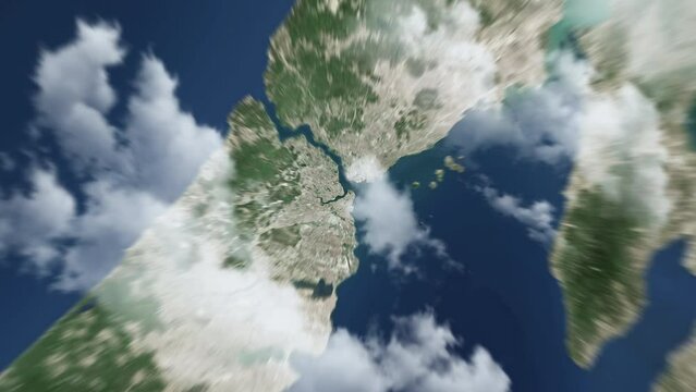 Zooming on Istanbul, Turkey. Earth zoom in from outer space to city. The animation continues by zoom out through clouds and atmosphere into space. View of the Earth at night. Images from NASA. 4K