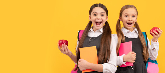 School girls friends. Happy kids in school uniforms hold books and apples for healthy eating school meal, snack. Banner of school girl student. Schoolgirl pupil portrait with copy space.