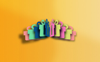 Giftbox Symbol in Multi Colors is Paper Crafted on Paper Yellow Background