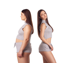 Comparison of women before and after weight loss. Diet and healthy nutrition. Liposuction results.
