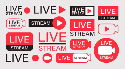 Live stream button vector set. Livestream video broadcast graphic element collection. Social media interface design element.