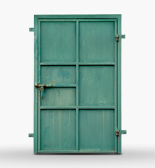 Old green metal door, Antique metal door with rust isolated on white