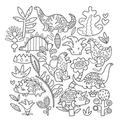 Set of cartoon dinosaurs, plants, and flowers in outline © penguin_house