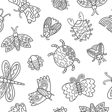 Black and white seamless pattern with beetles, spiders, moths and butterflies in cartoon style