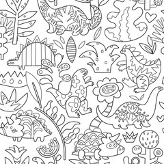 Black and white seamless pattern with cartoon dinosaurs, plants, and flowers for coloring book