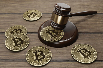 Judge gavel and bitcoins to illustrate the concept of judgement of cryptocurrencies