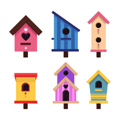 Set of colorful birdhouses in cartoon style. Vector illustration of houses for domestic and wild birds on white background.