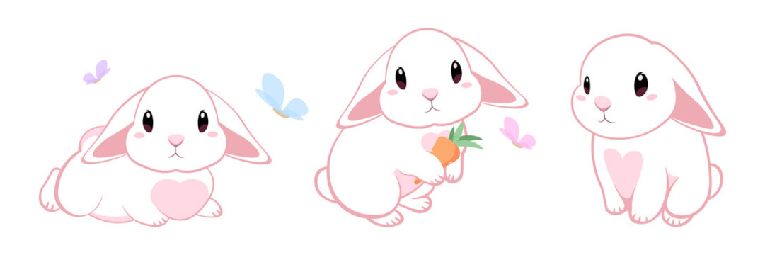 Vector illustration of cute and beautiful rabbits on white background. Charming characters in different poses lie down, hold a carrot, stand frightened in cartoon style.
