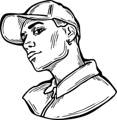 Handsome man wear stylish cap. Friendly face portrait. Street urban fashion for hipster, model, student, young, adult. Hand drawn retro vintage vector illustration. Old style comic cartoon drawing.