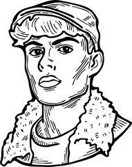 Handsome man wear stylish cap. Friendly face portrait. Street urban fashion for hipster, model, student, young, adult. Hand drawn retro vintage vector illustration. Old style comic cartoon drawing.