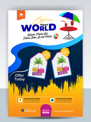 Modern company tours travel flyer design. Summer Holiday Tourism Brochure Template. Flyer Design Set with Beach View. tourism color a4 print ready tour flyer, Holiday Poster. World Adventure template