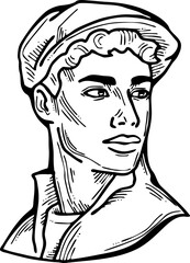 Handsome man wear stylish cap. Friendly face portrait. Street urban fashion for hipster, model, student, young, adult. Hand drawn retro vintage vector illustration. Old style comic cartoon drawing.