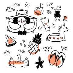 Hand drawn vacation black and white doodle elements with one color on the white background. Doodle set of summer icons for decor poster, t shirt, booklet, brochure, postcard.