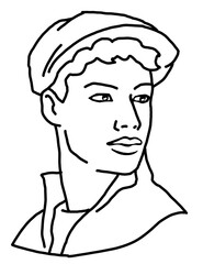 Handsome man wear stylish cap. Friendly face portrait. Street urban fashion for hipster, model, student, young, adult. Hand drawn retro vintage illustration. Old style comic cartoon drawing.