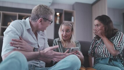 young woman show announcement surprise with her family, mother and father are happy with good news from daughter, expecting of reveal emotion with smiling lifestyle at home, celebrate exam results