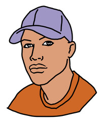 Handsome man wear stylish cap. Friendly face portrait. Street urban fashion for hipster, model, student, young, adult. Hand drawn retro vintage illustration. Old style comic cartoon drawing.