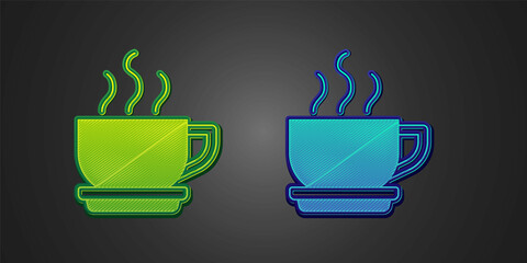 Green and blue Coffee cup icon isolated on black background. Tea cup. Hot drink coffee. Vector