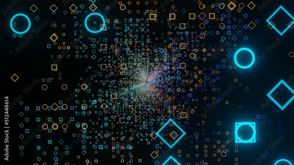 Poster motion of futuristic small squares in digital virtual space. design. spinning technological 3d space