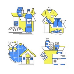 Fototapeta premium Set of humanitarian, linear, colored, vector icons. Charity. Medical assistance, food and clothing donation for Ukraine. 