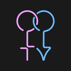 Heterosexual couple flat illustration. Stylized blue and pink male and female gender symbols on black background.