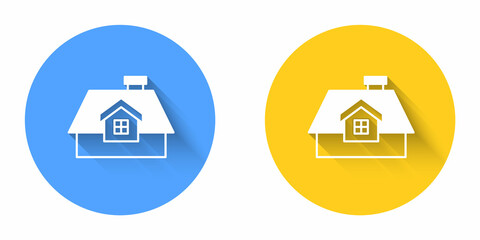White House icon isolated with long shadow background. Home symbol. Circle button. Vector