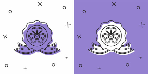 Set Medal with clover trefoil leaf icon isolated on white and purple background. Happy Saint Patricks day. National Irish holiday. Vector