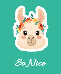 Cute alpaca lama head with flower crown. Design for nursery decoration, poster, birthday greeting cards, baby shower, textile printing. Vector cartoon children illustration