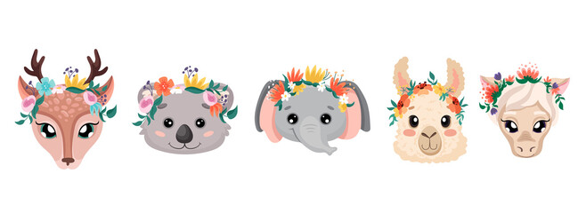 Cute animal faces with flower crowns. Vector cartoon illustrations for nursery design, birthday greeting cards, baby shower posters and children print textile. Deer elephant koala alpaca and horse