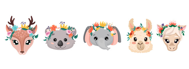 Cute animal faces with flower crowns. Vector cartoon illustrations for nursery design, birthday greeting cards, baby shower posters and children print textile. Deer elephant koala alpaca and horse © Foxelle