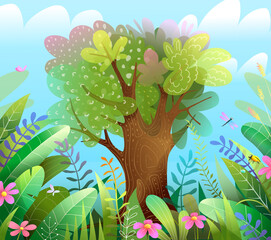Fototapeta na wymiar Forest or jungle with big lonely tree and colorful leaves and flowers. Forest or woods bright green illustration for kids. Vector magic jungle for kids.