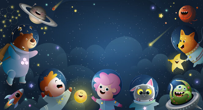 Astronaut children and animals fantasy with planets stars rocket and sun. Cute characters in space, astronomy template for poster or flyer. Vector isolated illustration for kids.