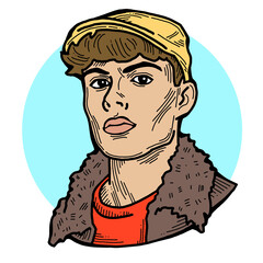 Handsome man wear stylish cap. Friendly face portrait. Street urban fashion for hipster, model, student, young, adult. Hand drawn retro vintage illustration. Old style comic cartoon drawing.