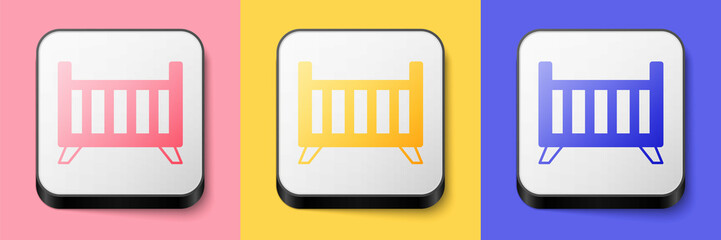 Isometric Baby crib cradle bed icon isolated on pink, yellow and blue background. Square button. Vector - obrazy, fototapety, plakaty