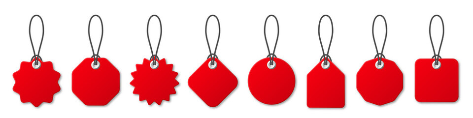 Realistic red price tags collection. Special offer or shopping discount label. Retail paper sticker. Promotional sale badge. Vector illustration.