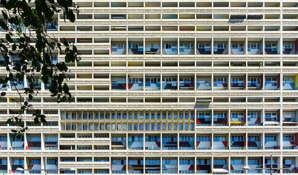 BERLIN, GERMANY - JUNE 10, 2022: Detail of facade of Unité d'Habitation of Berlin by Le Corbusier.