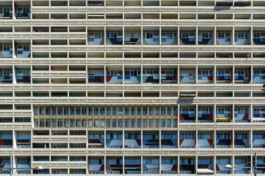 BERLIN, GERMANY - JUNE 10, 2022: Detail of facade of Unité d'Habitation of Berlin by Le Corbusier.