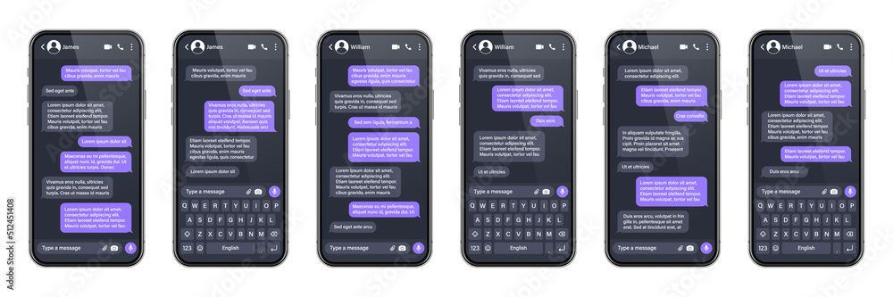 Fototapete realistic smartphone with messaging app. sms text frame. conversation chat screen with violet messag