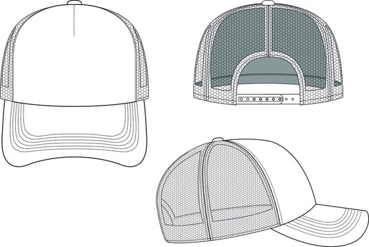 Trucker Hat Snapback Technical Drawing Illustration Blank Streetwear Mock-up Template for Design and Tech Packs CAD Strap Mesh