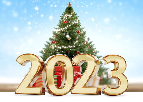 2023 golden symbol bold letters Christmas gifts and green fir background 3d-illustration